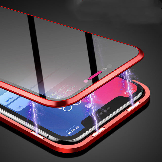 red magnetic iPhone case with privacy screen shown snapping onto an iPhone