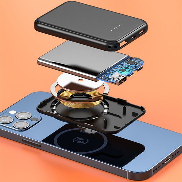 10000mAh fast charging portable power bank showing internal wireless coil and circuit components above phone