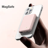 MagSafe pink slim wireless power bank attached to iPhone with LED indicators 10000mAh fast charging portable power bank