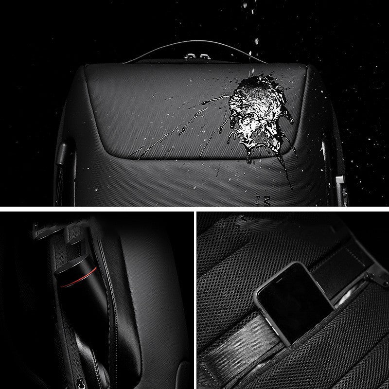 Water-resistant men's work backpack with tech compartments and sleek design for daily use