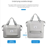 Gray expandable zipper work backpack showing 12cm extension before and after compact work backpack for women