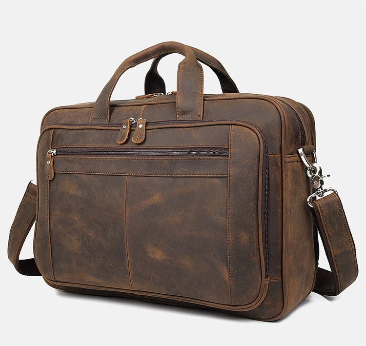 17" men's crazy-horse genuine leather business bag with multiple compartments and adjustable strap