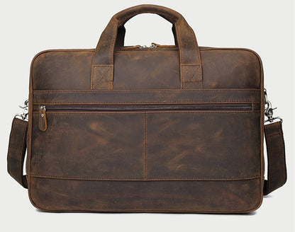 17" men's crazy-horse genuine leather business bag with multiple pockets and adjustable strap