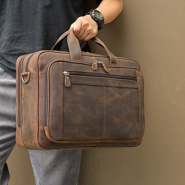 17" men's crazy-horse genuine leather business bag with sturdy handles for professionals