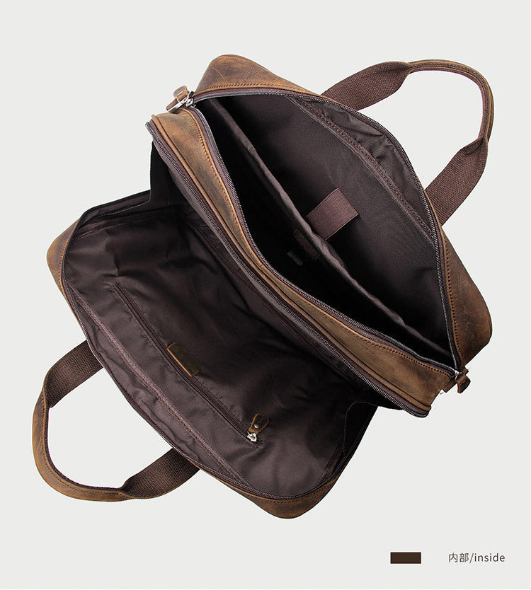 Interior view of a 17" men's crazy-horse genuine leather business bag with spacious compartments and pockets
