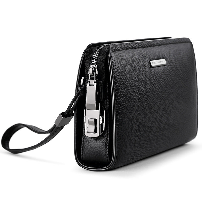 Stylish black men's leather clutch wallet with zipper and wrist strap for easy carrying