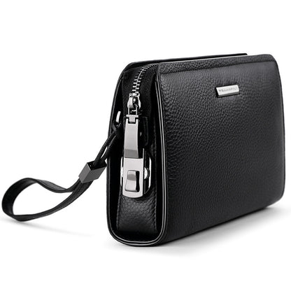 Stylish black men's leather clutch wallet with zipper and wrist strap for easy carrying