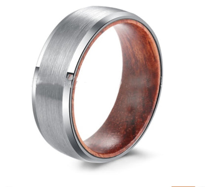 Men's silver tungsten carbide ring with a brushed exterior and wooden interior for a unique style