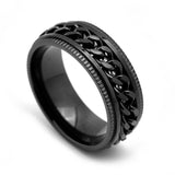 Men's stainless steel spinner ring with intricate chain design in a sleek black finish