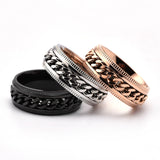 Men's stainless steel spinner ring in three colors with chain design and polished finish