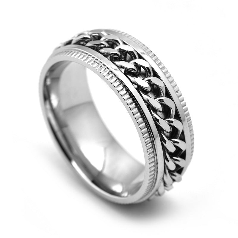 Men's stainless steel spinner ring featuring a chain design and polished finish for stylish wear