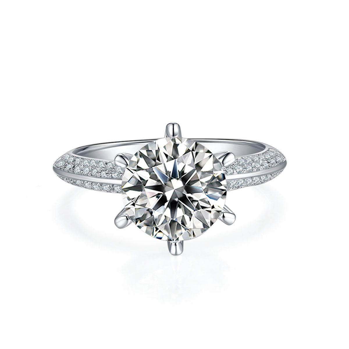 CJD sparkling moissanite diamond engagement ring with detailed side stones on a silver band