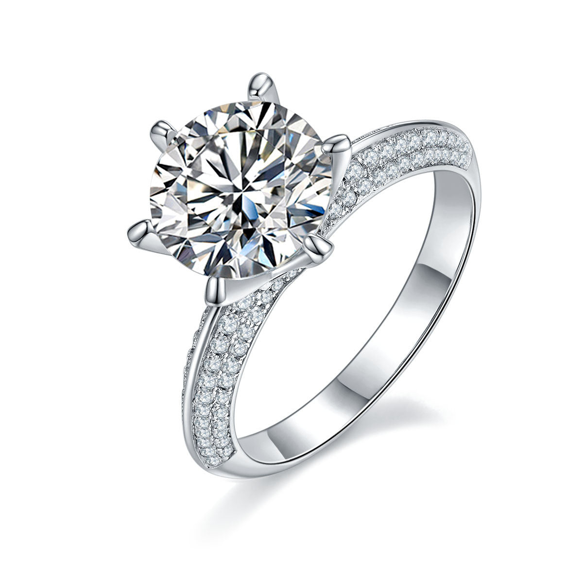 moissanite diamond engagement ring with large round center stone and paved band