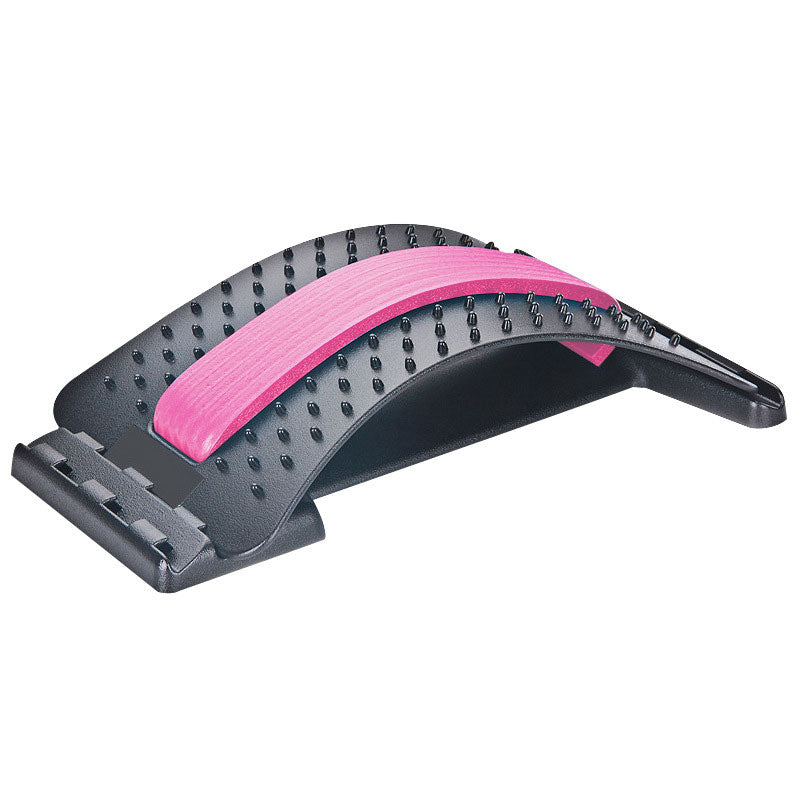 CJD natural back stretcher in black with pink padded support and massage nodes for spine relief