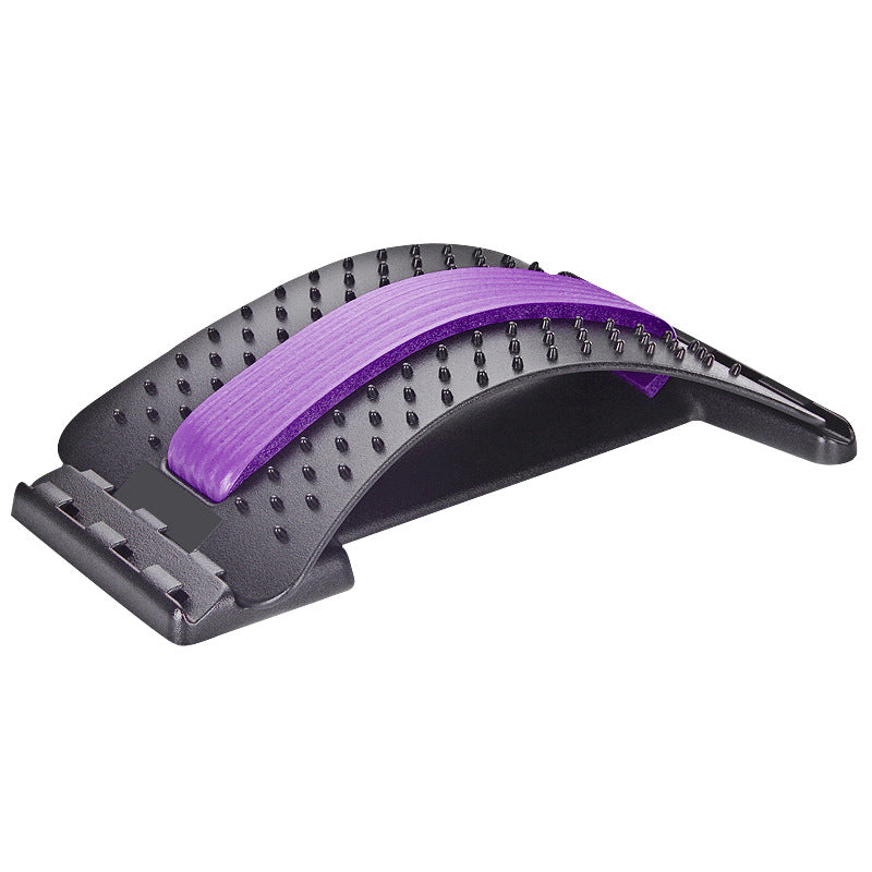 CJD natural back stretcher with black base and purple adjustable support for spinal relief
