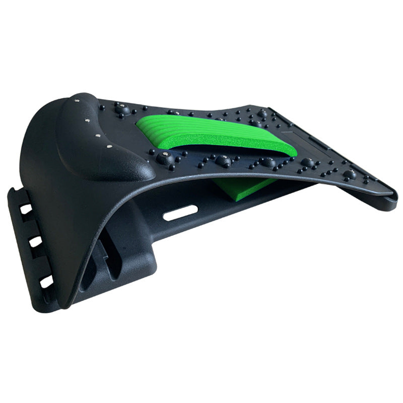CJD natural back stretcher with black plastic frame and green cushion for spinal relief