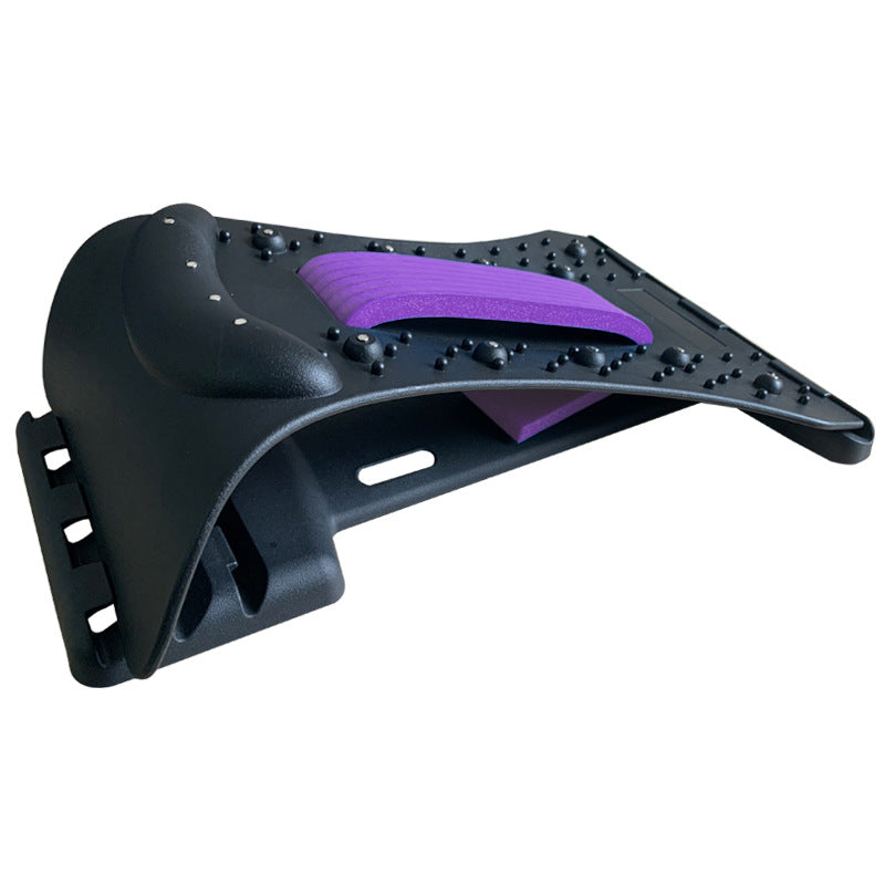 CJD natural back stretcher with black curved design and purple cushioned support for spinal relief