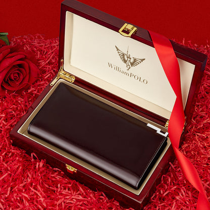 Elegant WilliamPOLO premium wallet case for all phone brands in a luxurious gift box with red ribbon