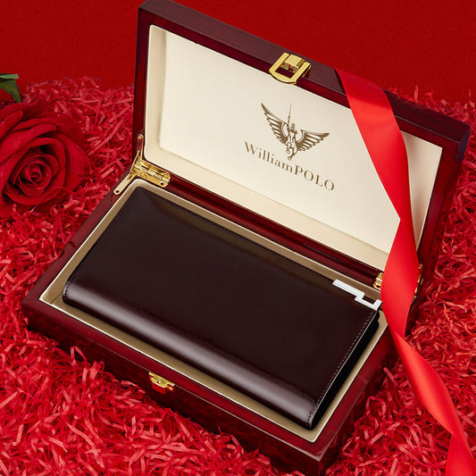 Elegant WilliamPOLO premium wallet case for all phone brands in a luxurious gift box with red ribbon