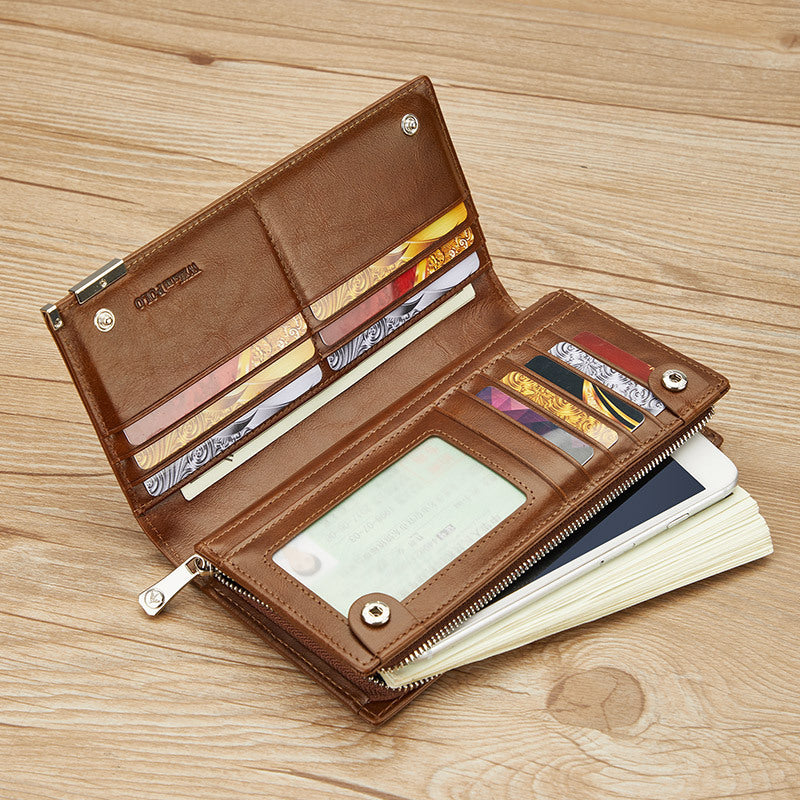 Stylish brown premium wallet case for all phone brands with card slots and zipper pocket