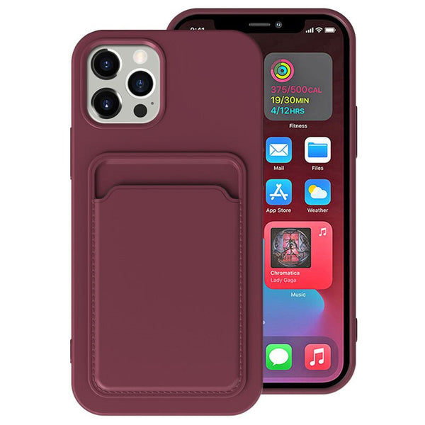 Maroon protective card holder cover for iPhone with a card slot and slim design
