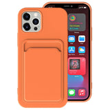 Orange protective card holder cover for iPhone with a slot for cards and a sleek design