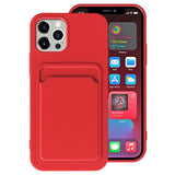 Red protective card holder cover for iPhone with a pocket for cards and a stylish design