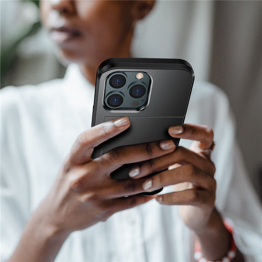 protective case for iPhone with card slot in black held by person using phone