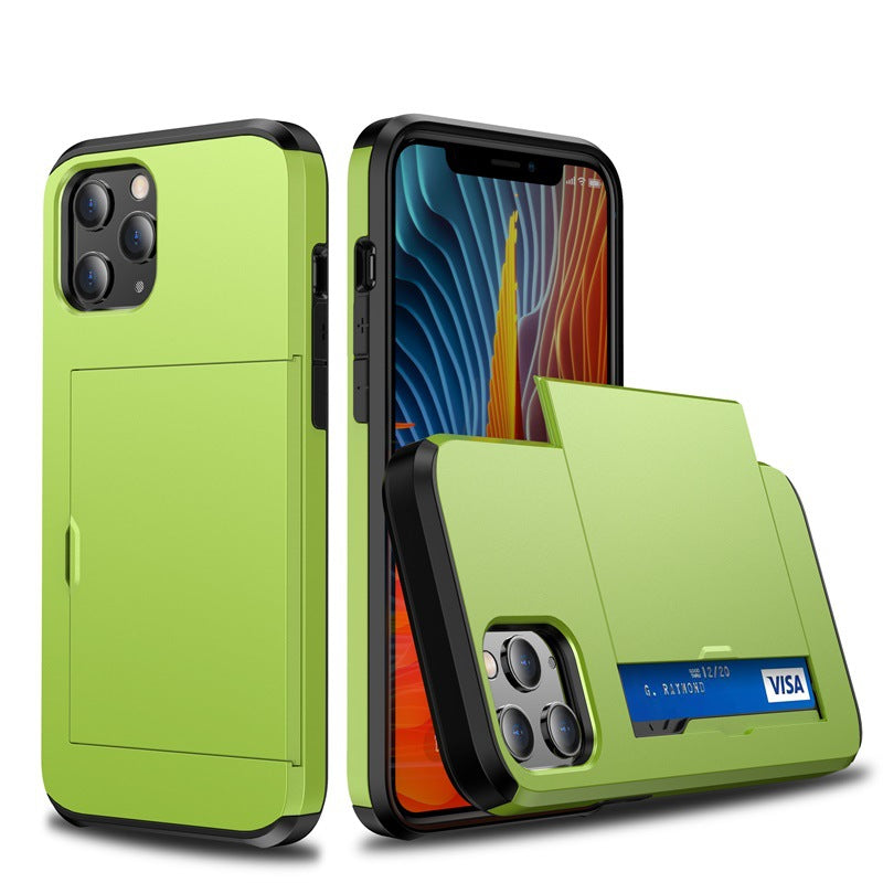 protective case for iPhone with card slot in green with black edges shown from front and back