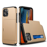 protective case for iPhone with card slot in gold with black edges showing card storage and phone display