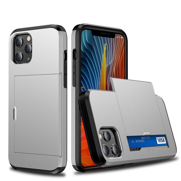 protective case for iPhone with card slot in silver and black showing card storage and phone protection