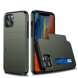 protective case for iPhone with card slot in dark green showing card storage and phone screen