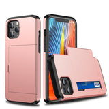 protective case for iPhone with card slot in rose gold with black edges showing card inserted