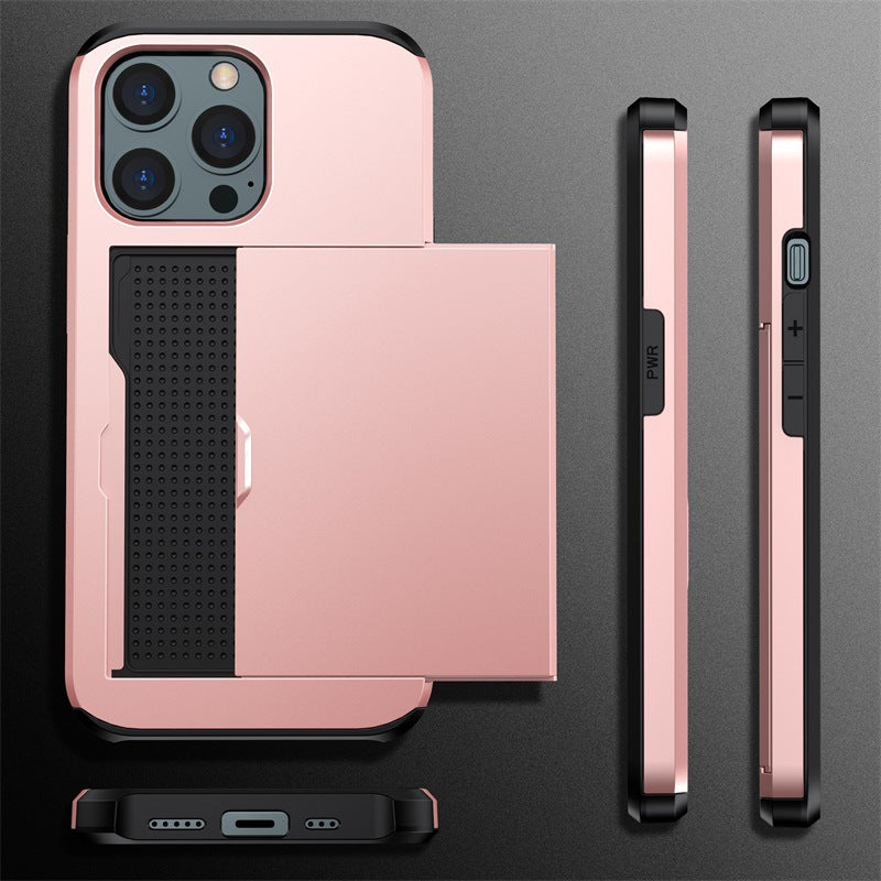 Rose gold protective case for iPhone with card slot featuring black accents and precise button cutouts