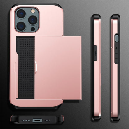 Rose gold protective case for iPhone with card slot featuring black accents and precise button cutouts