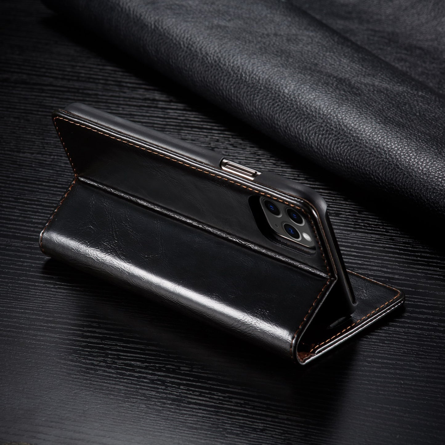 Elegant PU leather iPhone wallet case and cardholder in black with stand feature for convenience