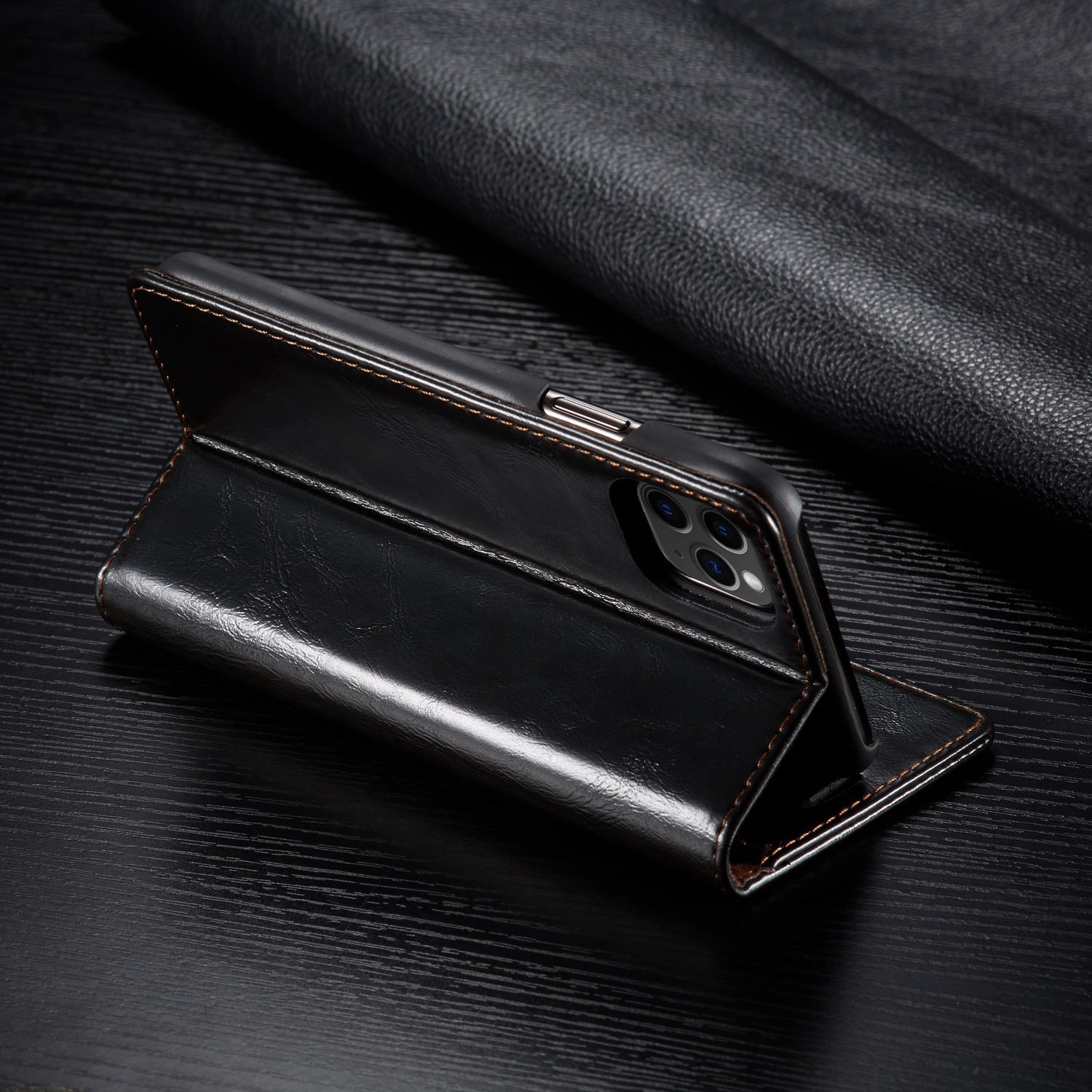 Elegant PU leather iPhone wallet case and cardholder in black with stand feature for convenience