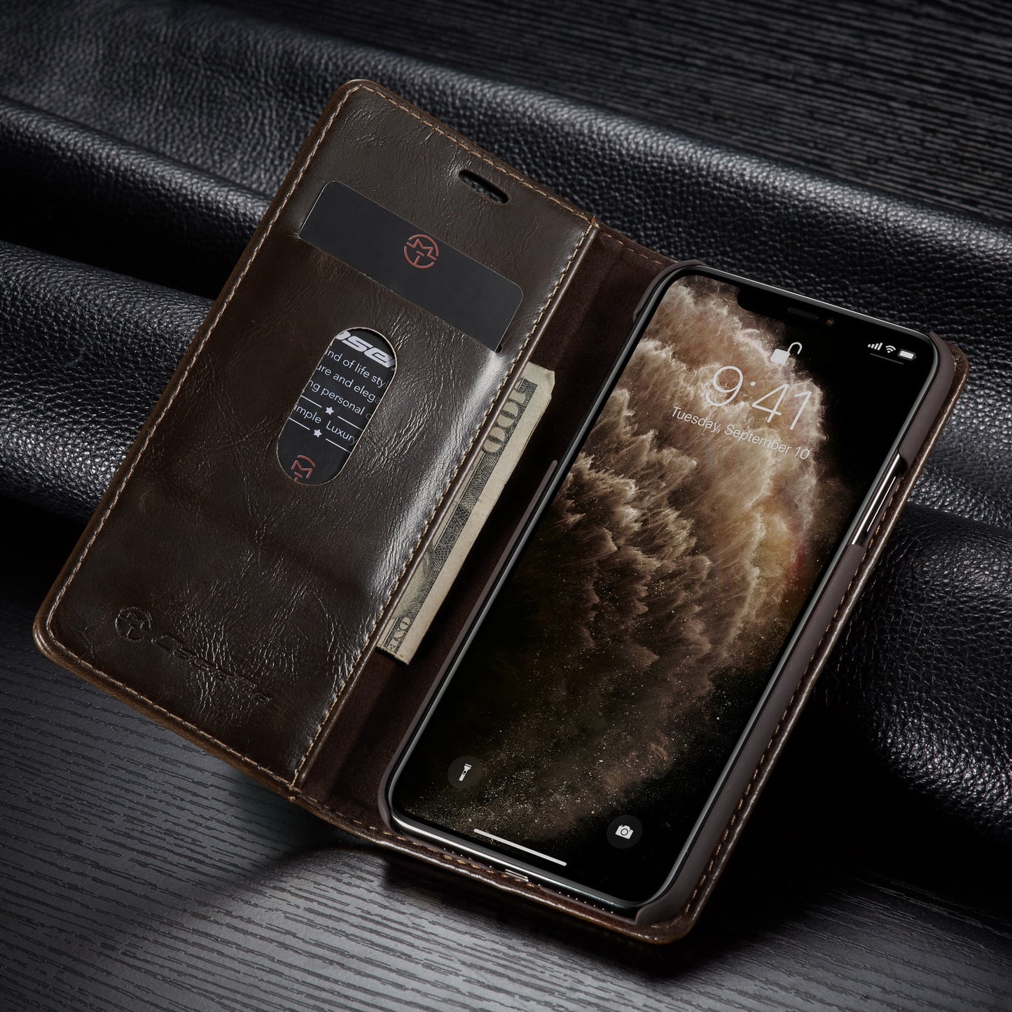 Brown PU leather iPhone wallet case and cardholder with space for cards and cash