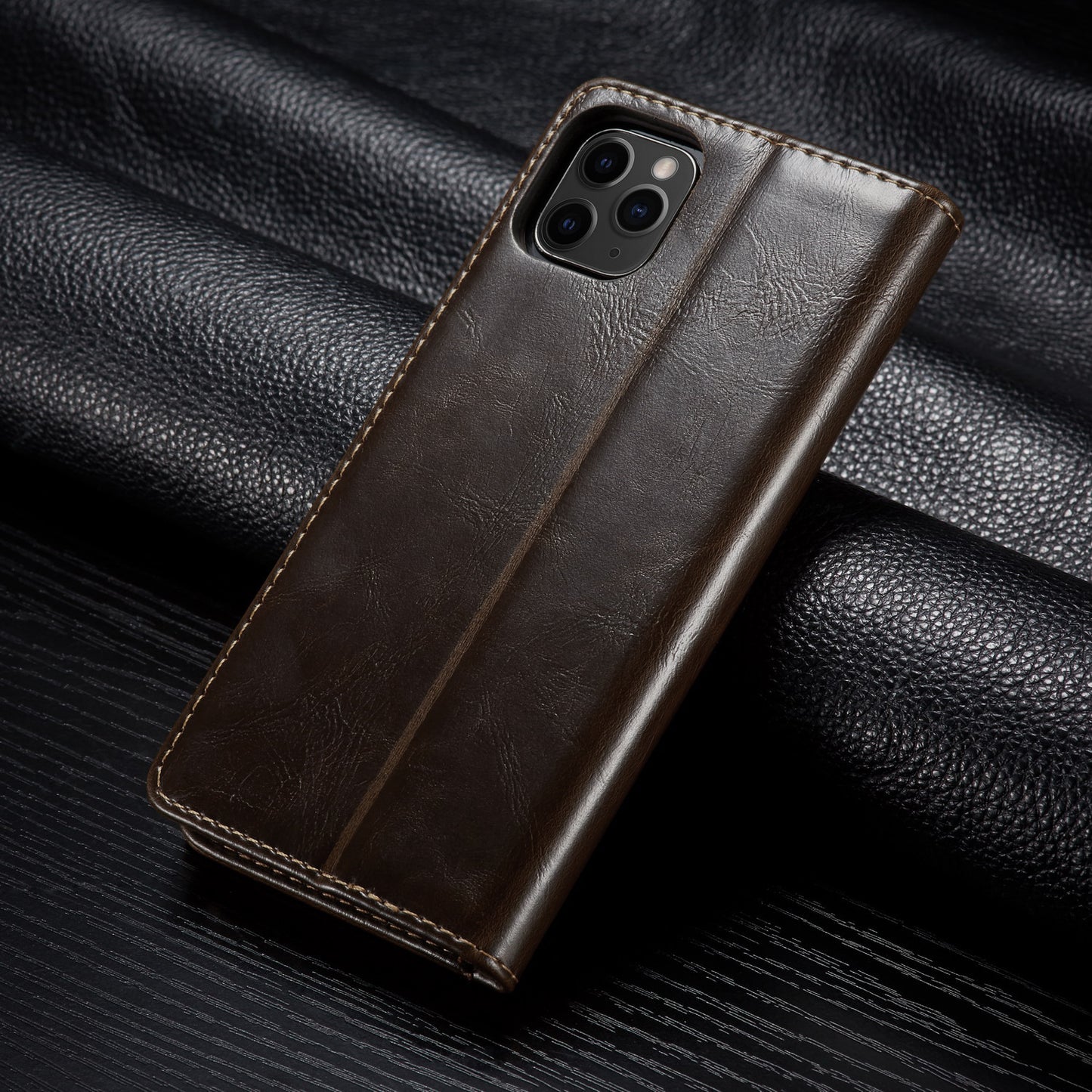 Brown PU leather iPhone wallet case and cardholder with sleek design and precise cutouts