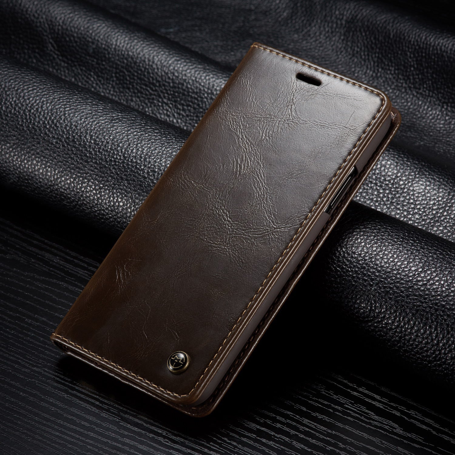 Brown PU leather iPhone wallet case and cardholder with a sleek design and magnetic closure
