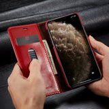 Red PU leather iPhone wallet case and cardholder showcasing sleek design and card slot functionality