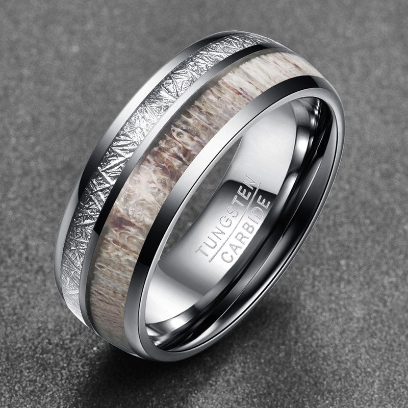 Pure tungsten steel ring for men with a unique wood inlay and polished finish for a modern look