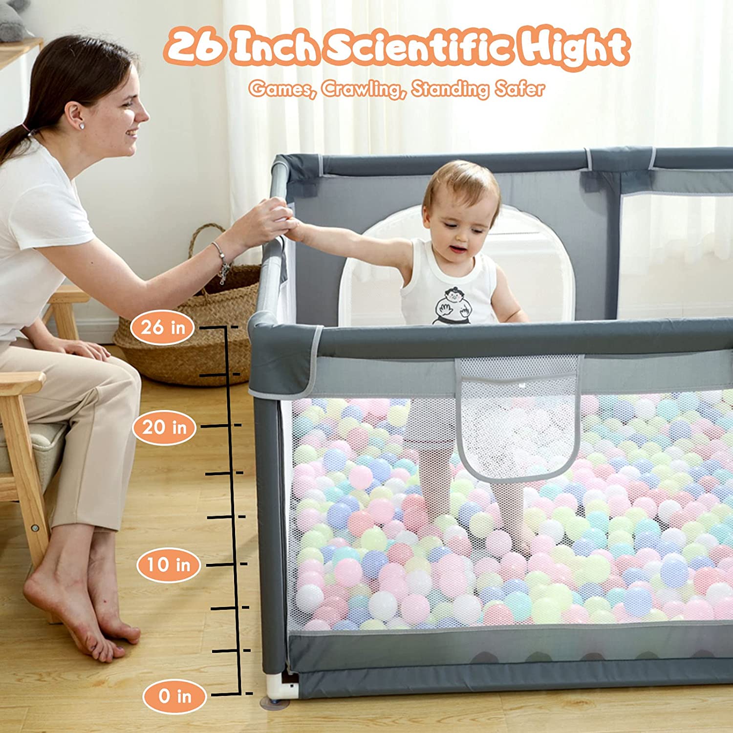 CJD gated playpen for babies and toddlers with gray mesh sides pastel ball pit standing baby and parent