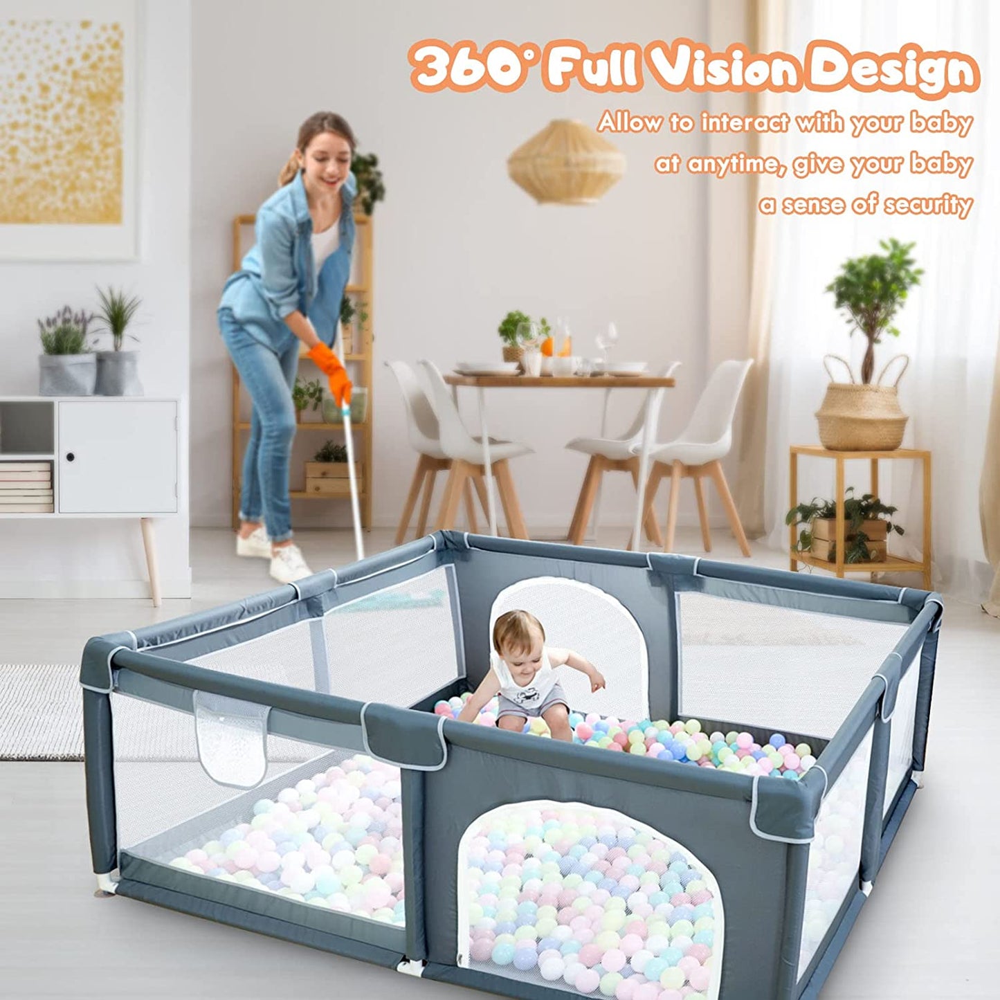 CJD gray gated playpen for babies and toddlers with mesh sides and a baby playing in ball pit