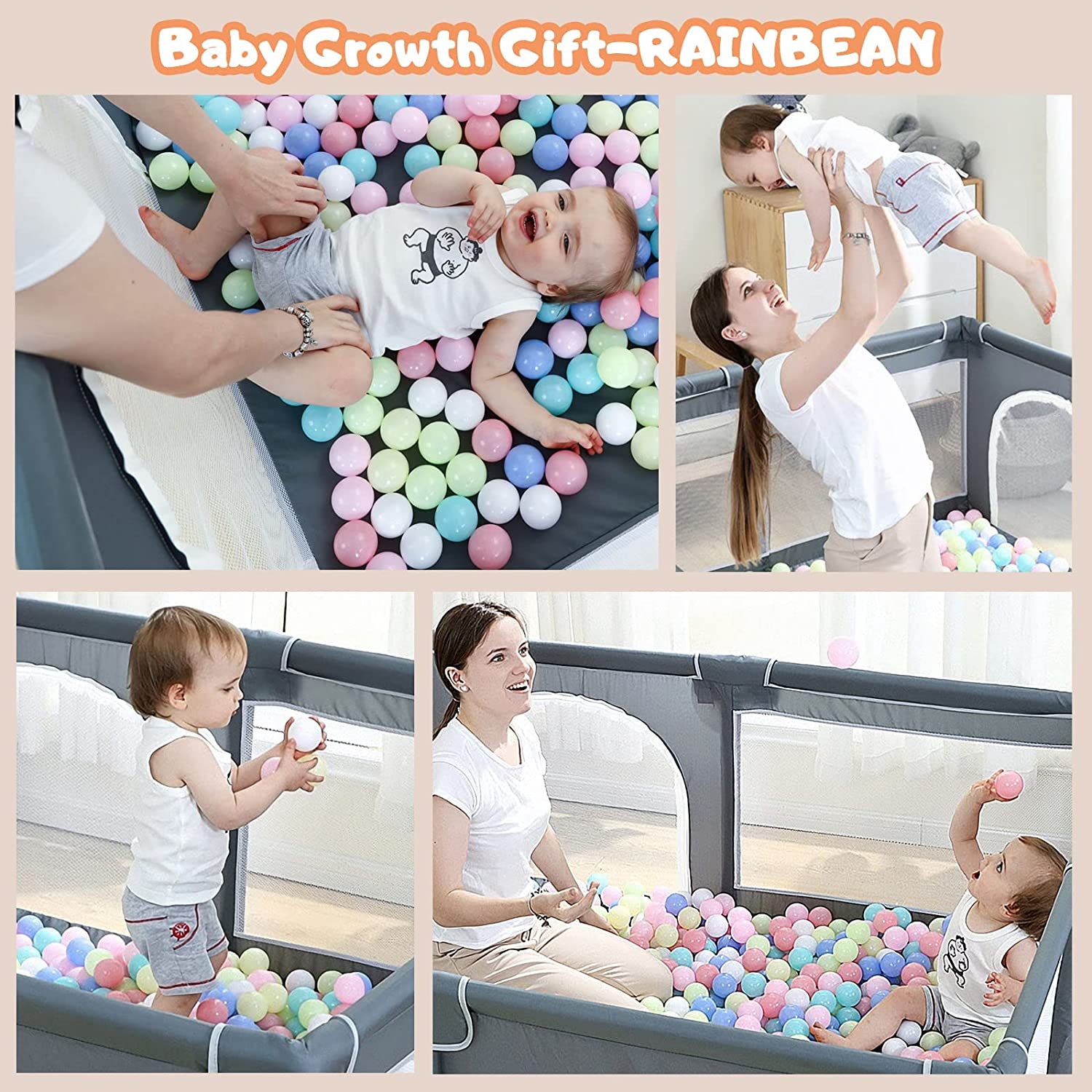 Gray CJD gated playpen for babies and toddlers with mesh sides and colorful ball pit and parent interaction