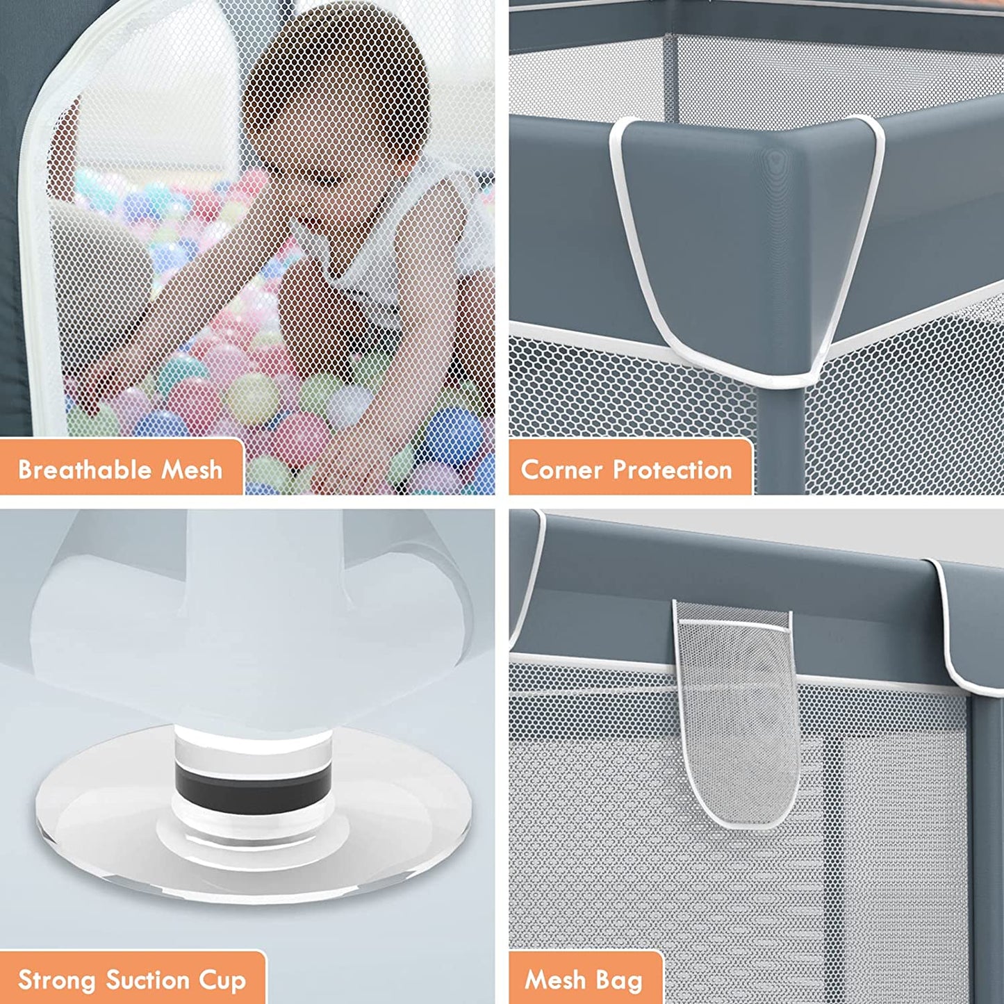 CJD grey mesh gated playpen for babies and toddlers with breathable mesh, corner protection, suction cups