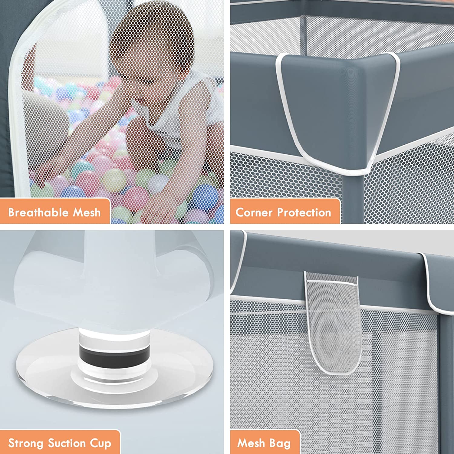 CJD grey mesh gated playpen for babies and toddlers with breathable mesh, corner protection, suction cups