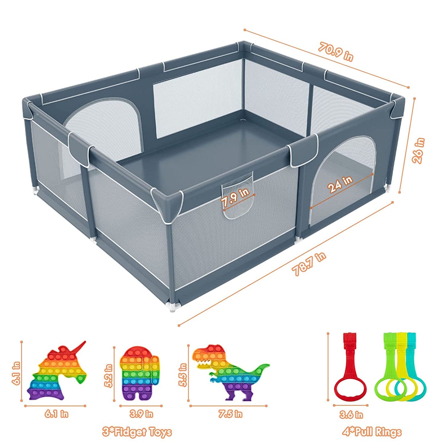 CJD grey mesh gated playpen for babies and toddlers square play yard with zip door and included fidget toys and pull rings