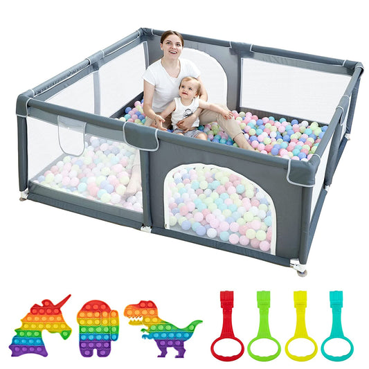 Gray CJD gated playpen for babies and toddlers with mesh sides zip door and pastel ball pit mother and child inside
