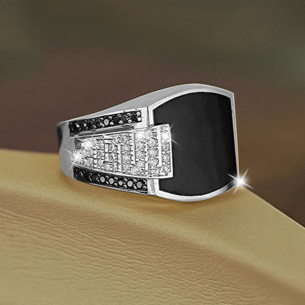 men's elegant black gemstone ring with silver band and sparkling black and white stones